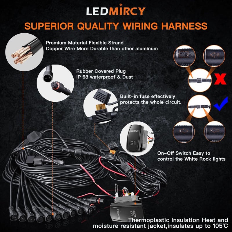 LEDMIRCY R2 Pure White Rock Lights Kit with Roker Switch Wire Harness 12PCS LED Rock Lights White for Offroad Truck ATV UTV SUV Underglow Light Trail Rig Light Under Body High Power Waterproof - Image 5